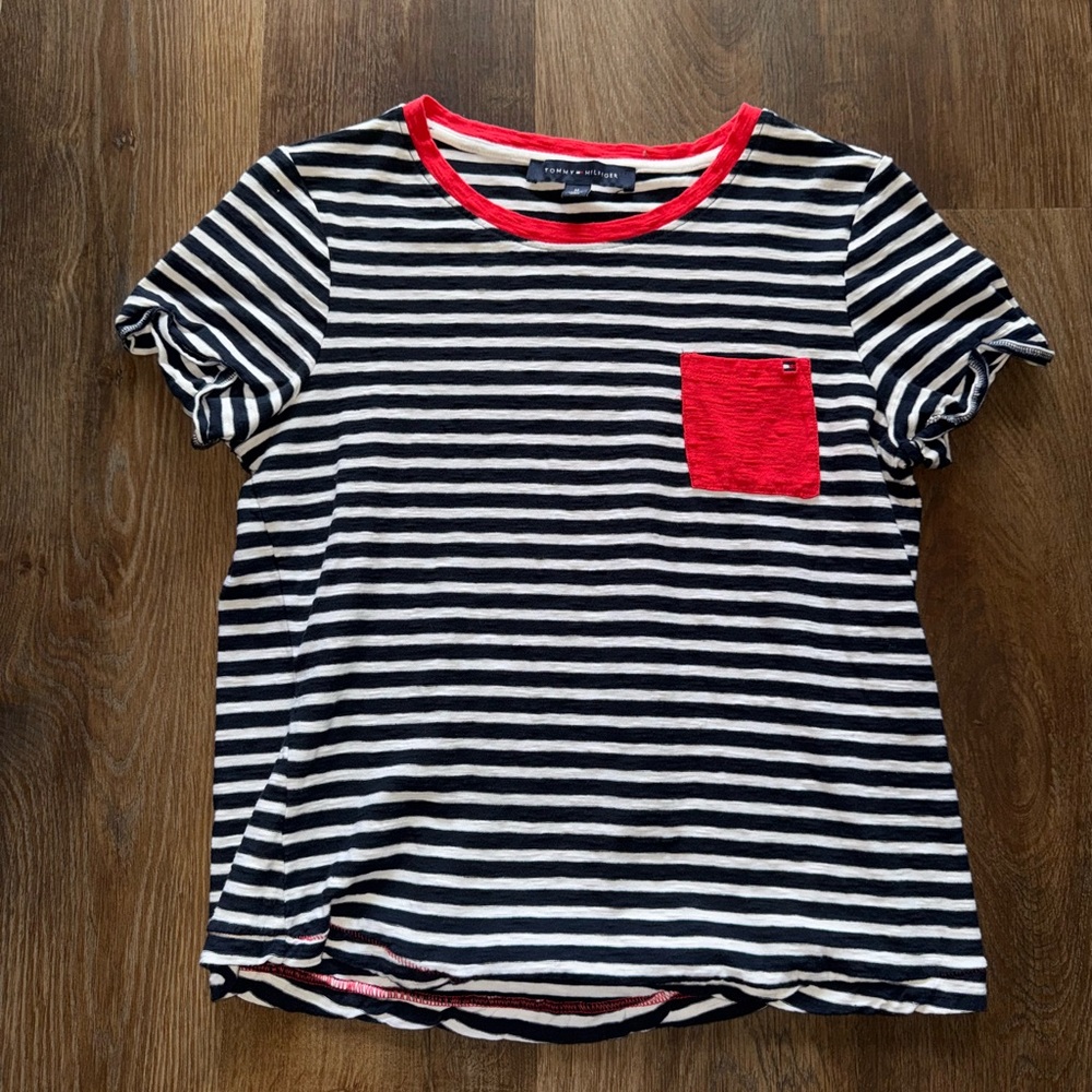 Tommy Hilfiger Navy & White Striped Tee with Red Accents